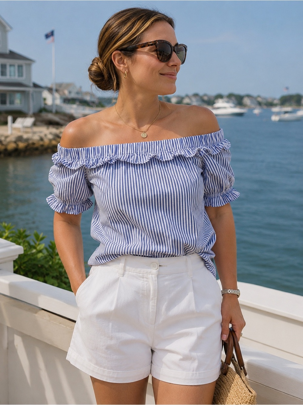 VINEYARD VINES Striped Off the Shoulder Short Sleeve Bardot Top EUC - Picture 1 of 9